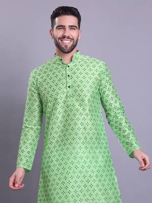 mens benaras silk printed kurta top with  pyjama set - samar collection green 1