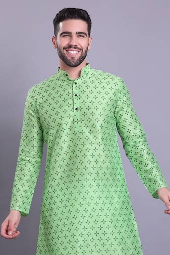 Shiwam ethnix mens benaras silk printed kurta top with  pyjama set - samar collection green