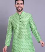 mens benaras silk printed kurta top with  pyjama set - samar collection green