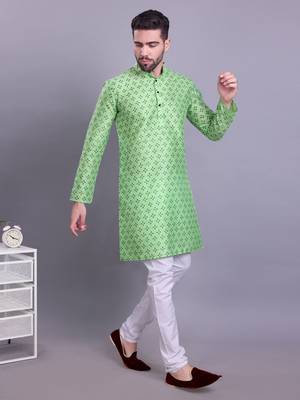 mens benaras silk printed kurta top with  pyjama set - samar collection green 2