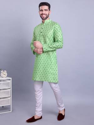 mens benaras silk printed kurta top with  pyjama set - samar collection green 3