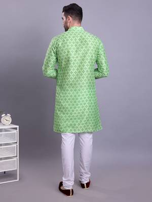 mens benaras silk printed kurta top with  pyjama set - samar collection green 4