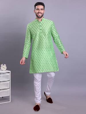 mens benaras silk printed kurta top with  pyjama set - samar collection green 5