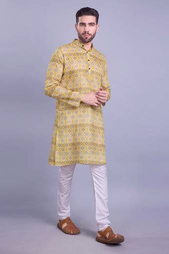 Shiwam mens cotton printed kurta with pyjama set mahir collection - shine yellow