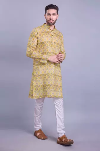 Shiwam mens cotton printed kurta with pyjama set mahir collection - shine yellow