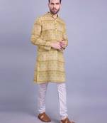 Shiwam mens cotton printed kurta with pyjama set mahir collection - shine yellow