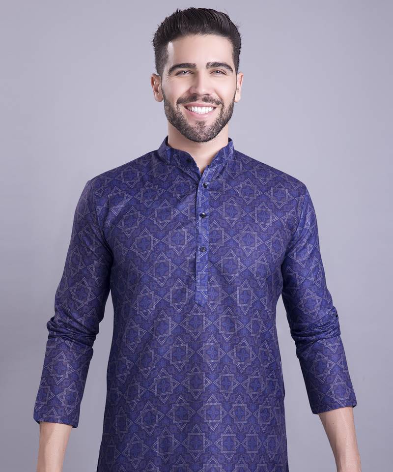 Iris Blue Cotton Printed Full Sleeve Kurta pajama for mens