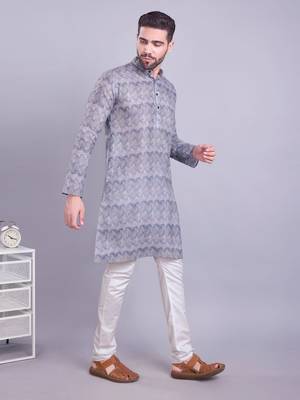 mens grey cotton printed kurta with pyjama 3