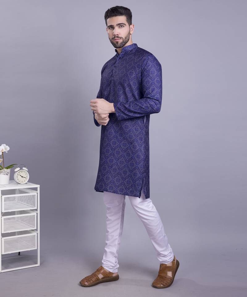 Iris Blue Cotton Printed Full Sleeve Kurta pajama for mens