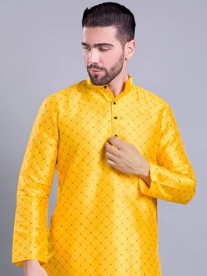 mens benaras silk printed kurta top with  pyjama set - samar collection yellow 1