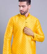 mens benaras silk printed kurta top with  pyjama set - samar collection yellow