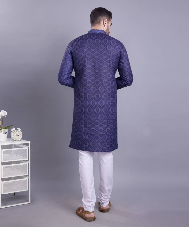 Iris Blue Cotton Printed Full Sleeve Kurta pajama for mens
