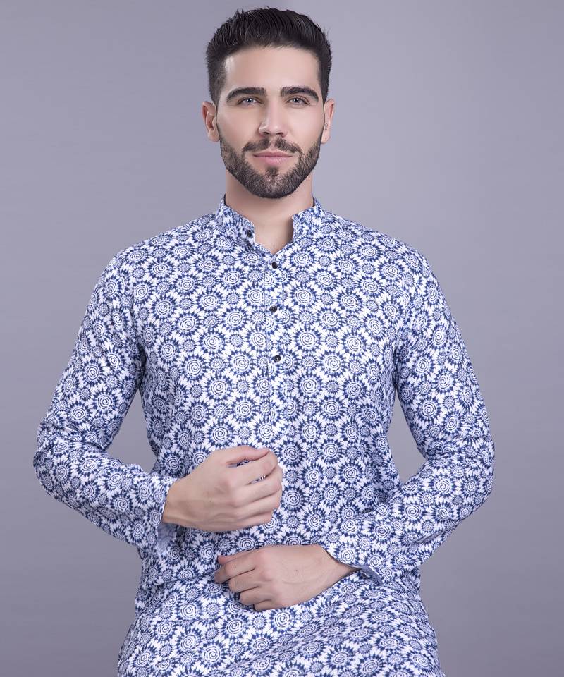 Blue Cotton Printed Full Sleeve Kurta pajama for mens