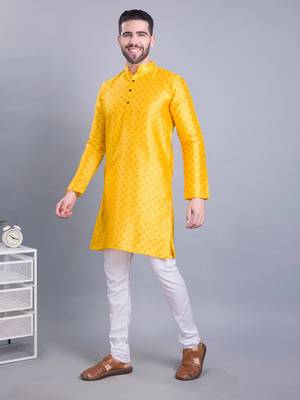 mens benaras silk printed kurta top with  pyjama set - samar collection yellow 2