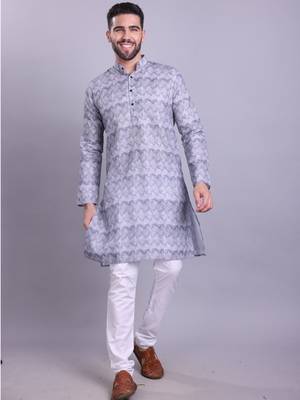 mens grey cotton printed kurta with pyjama 1