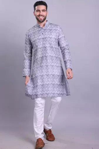 mens grey cotton printed kurta with pyjama