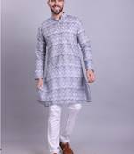 mens grey cotton printed kurta with pyjama