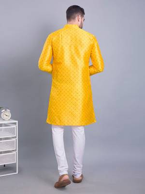 mens benaras silk printed kurta top with  pyjama set - samar collection yellow 3