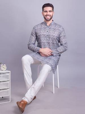 mens grey cotton printed kurta with pyjama 5