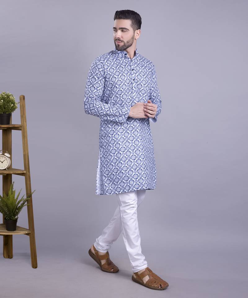 Blue Cotton Printed Full Sleeve Kurta pajama for mens