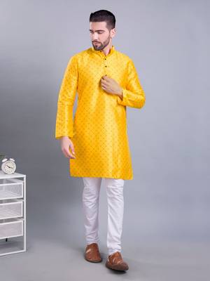 mens benaras silk printed kurta top with  pyjama set - samar collection yellow 4