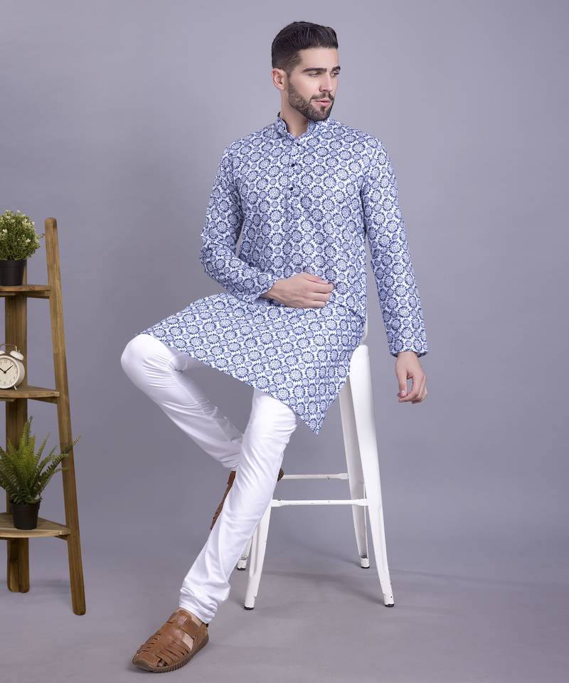 Blue Cotton Printed Full Sleeve Kurta pajama for mens