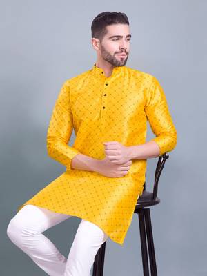 mens benaras silk printed kurta top with  pyjama set - samar collection yellow 5