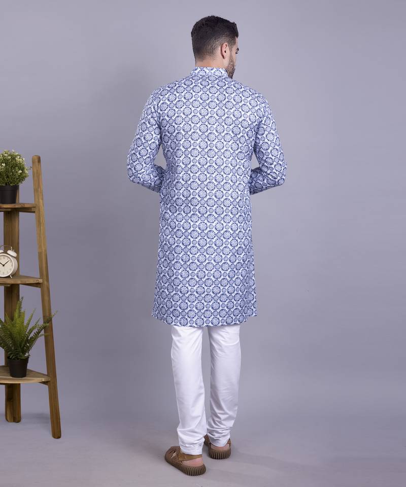 Blue Cotton Printed Full Sleeve Kurta pajama for mens