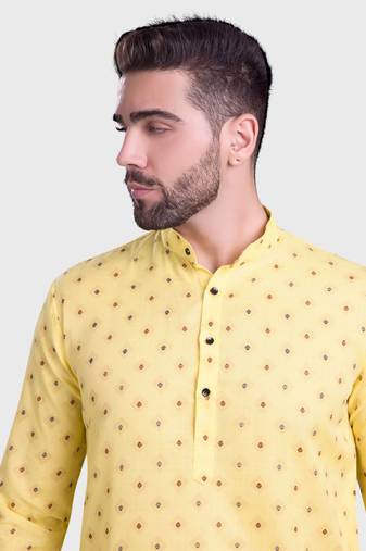 Shiwam mens cotton printed kurta with pyjama set mahir collection - yellow