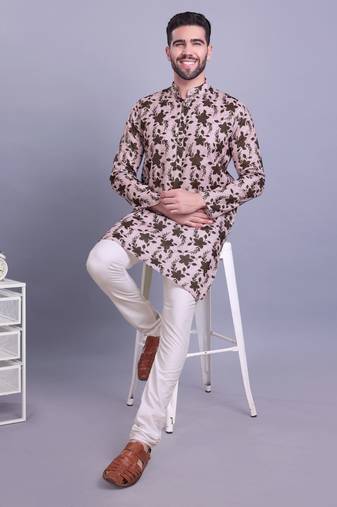 Shiwam mens cotton printed kurta with pyjama set mahir collection - peach