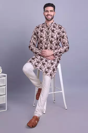 Shiwam mens cotton printed kurta with pyjama set mahir collection - peach