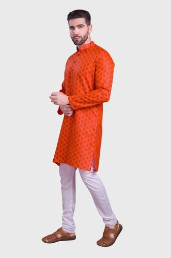 Shiwam mens cotton printed kurta with pyjama set mahir collection - orange