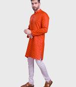 mens orange cotton printed kurta with pyjama set