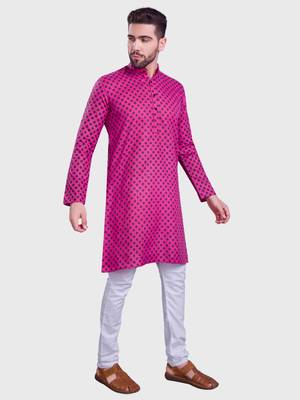 Shiwam mens cotton printed kurta with pyjama set mahir collection - pink 1