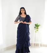 Navy Blue Silk Fabric Ruffle Ready To Wear Lehenga Cum Saree With Belt