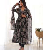 Fox Georgette Multi Floral Print Fabric With Fully Flair Kurti, With Pent And Dupatta