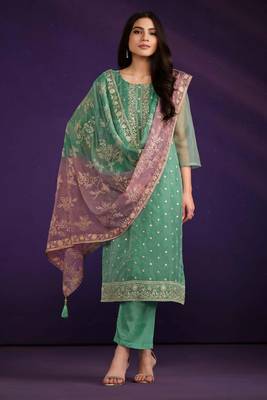 Turquoise Embroidered Organza  Straight Suit. Free size full stitched Up To 42" Size 1