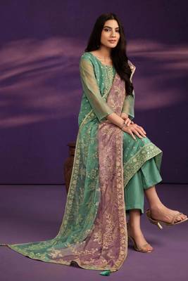 Turquoise Embroidered Organza  Straight Suit. Free size full stitched Up To 42" Size 2
