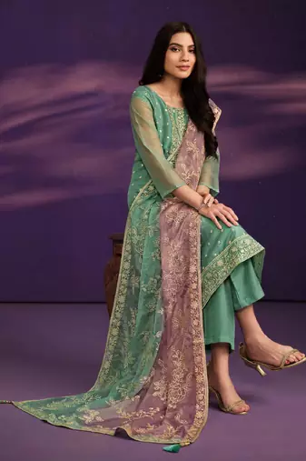 Turquoise Embroidered Organza  Straight Suit. Free size full stitched Up To 42" Size