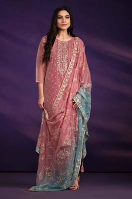 Pink Embroidered Organza  Straight Suit. Free size full stitched Up To 42" Size 1