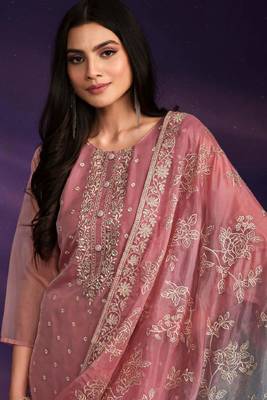 Pink Embroidered Organza  Straight Suit. Free size full stitched Up To 42" Size 2