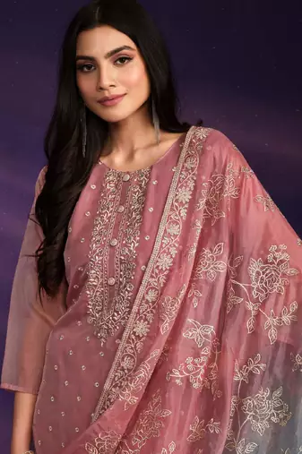 Pink Embroidered Organza  Straight Suit. Free size full stitched Up To 42" Size