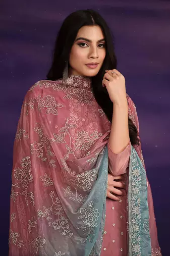 Pink Embroidered Organza  Straight Suit. Free size full stitched Up To 42" Size
