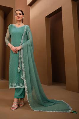 Teal Green Embroidered Organza Chiffon  Straight Suit. Free size full stitched Up To 42" Size 1