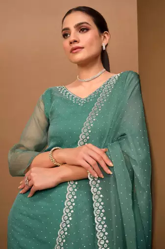 Teal Green Embroidered Organza Chiffon  Straight Suit. Free size full stitched Up To 42" Size