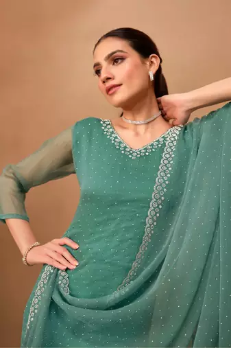 Teal Green Embroidered Organza Chiffon  Straight Suit. Free size full stitched Up To 42" Size