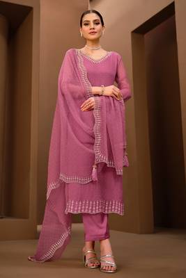 Pink Embroidered Organza Chiffon Semi Stitched Straight Suit. Up To 42" Size 1