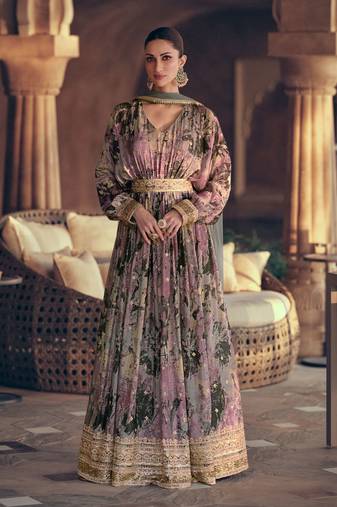 Purple And Beige Embroidered Georgette Stitched Gown. Up To 42" Size