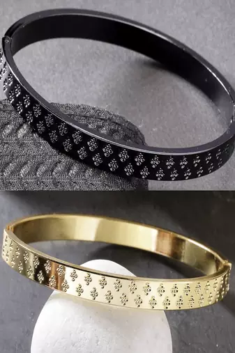 Men set of 2 gold & black rhodium-plated  stainless steel kada bracelet
