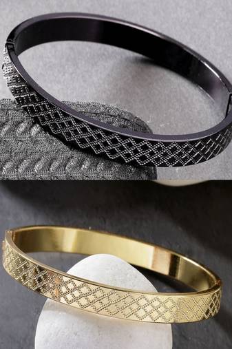 Men set of 2 gold & black rhodium-plated  stainless steel kada bracelet